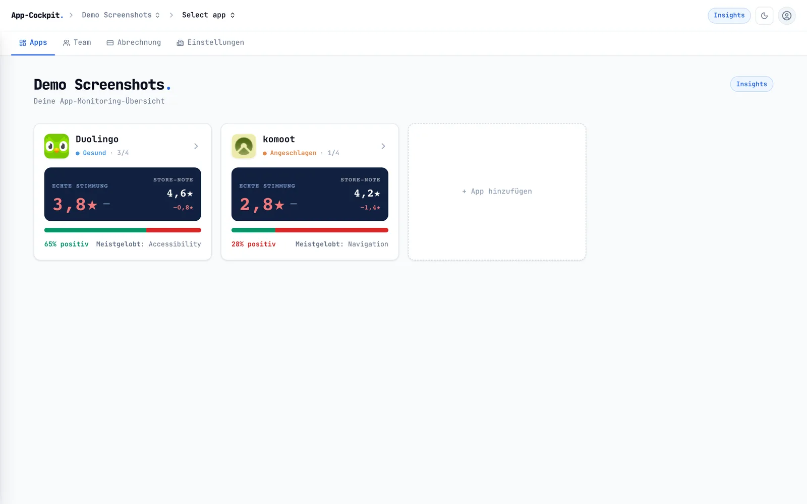 App-Care Cockpit Dashboard: App-Karten mit echter Stimmung gegenüber der Store-Note
